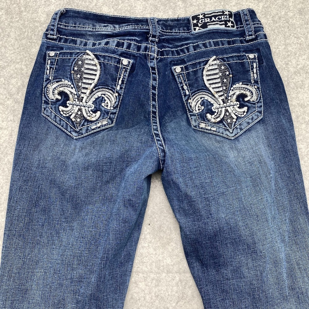 Grace in LA Easy Fit Bootcut Jeans Womens 28 (29x32) Flag Fleur De Lis Jeweled